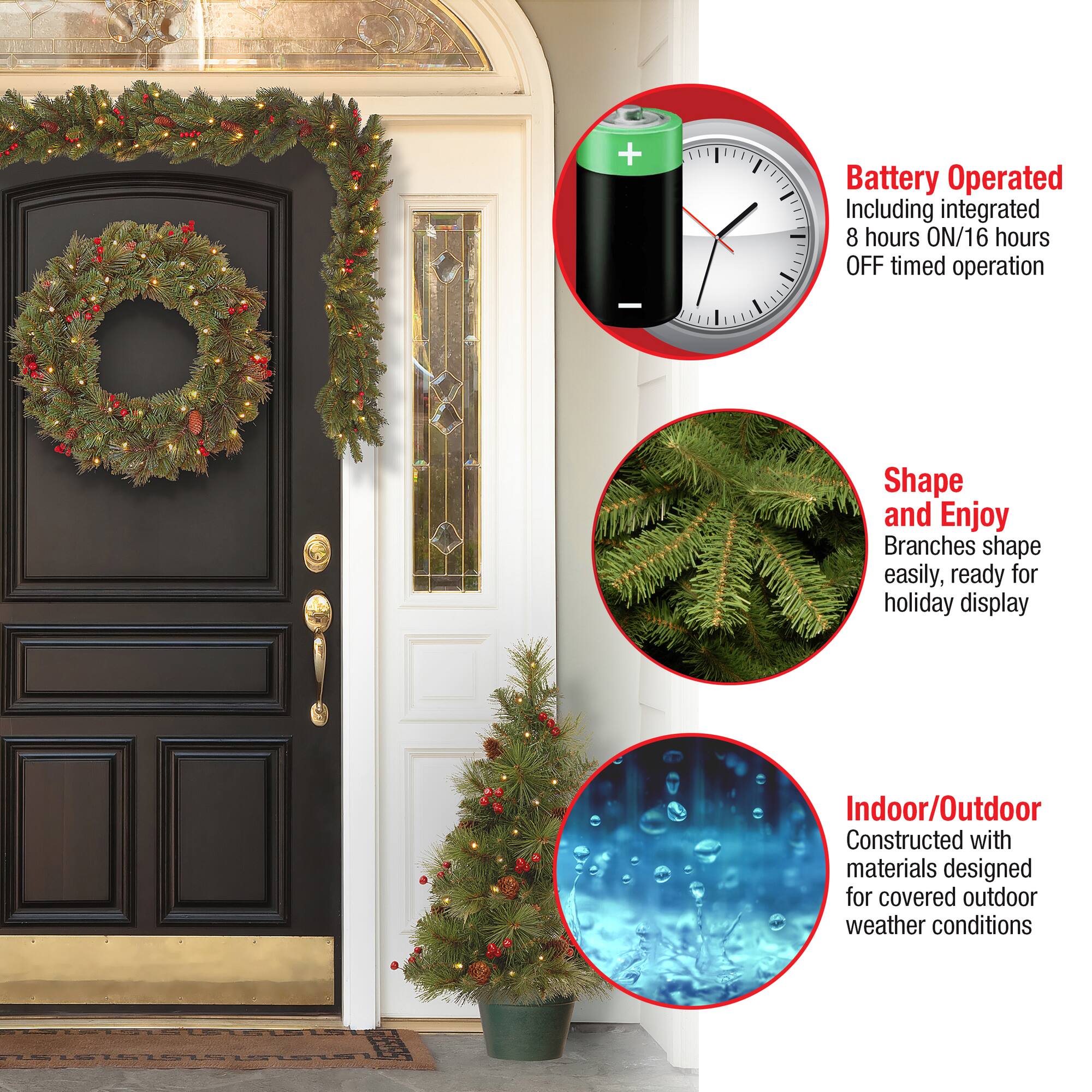 4-Piece Pre-Lit Pinecones & Berries Artificial Christmas Entrance Trees, Garland & Wreath, Warm White LED Lights